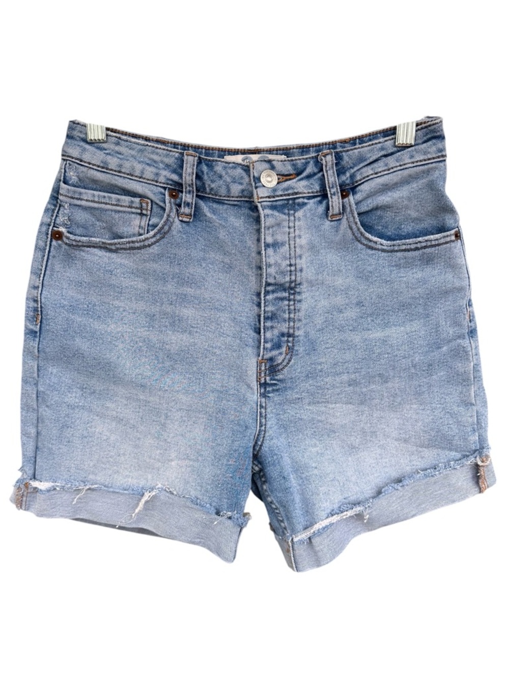 Free People We The Free CRVY High Rise Button Fly Cuffed Light Denim Shorts 29